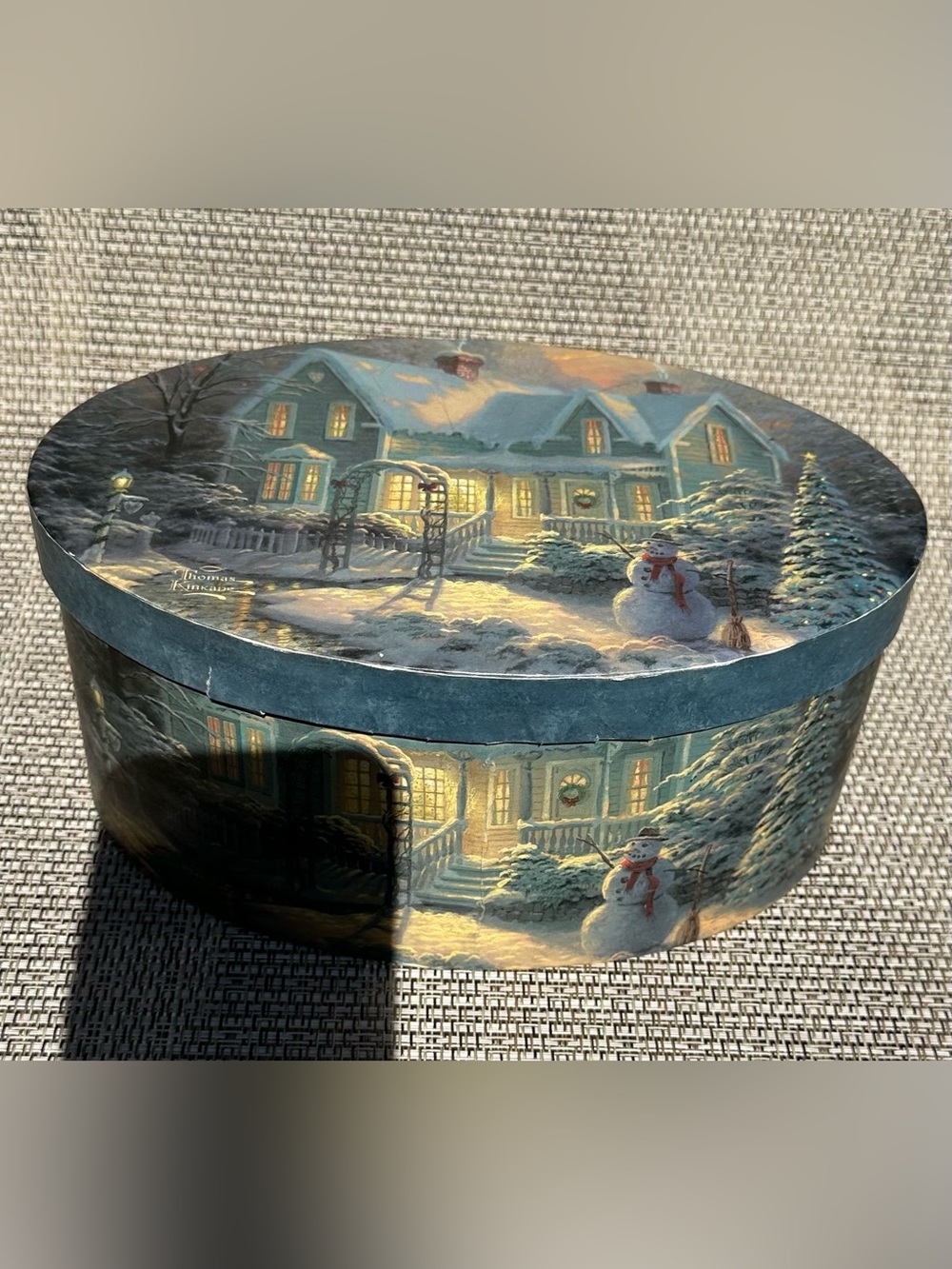 Thomas Kinkade Winter Cottage Decorative Box W/Lid - Blue, White, Gold Accents